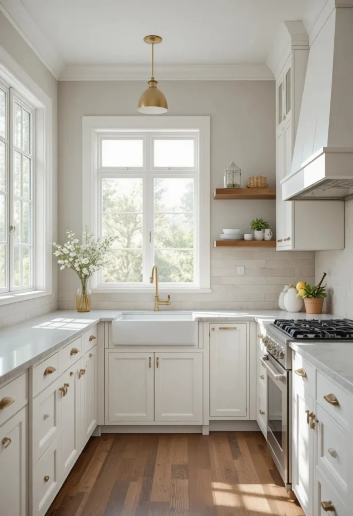 Warm white kitchen cabinets with brass hardware and natural wood shelves in a bright cozy kitchen