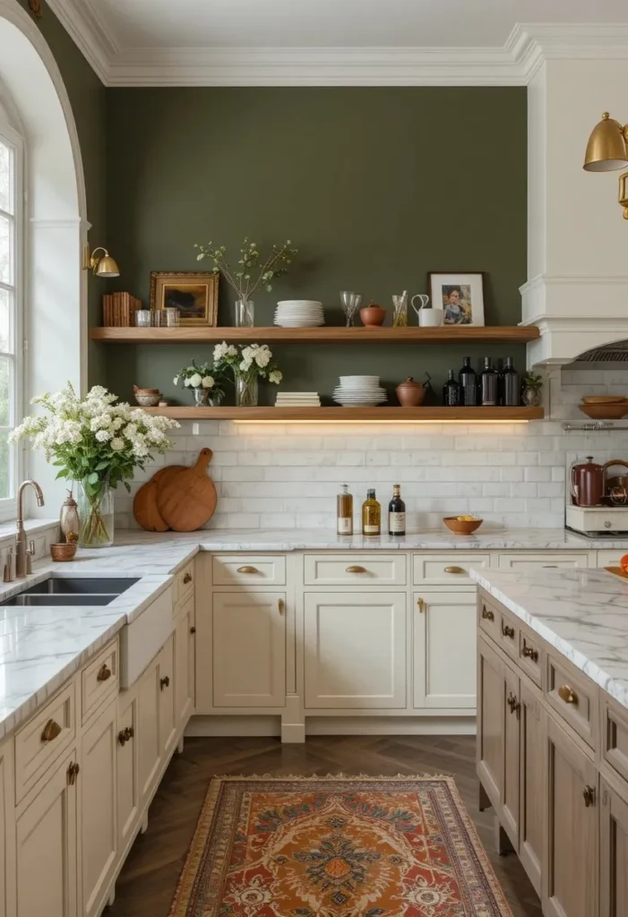 Full kitchen with moody olive green accent wall