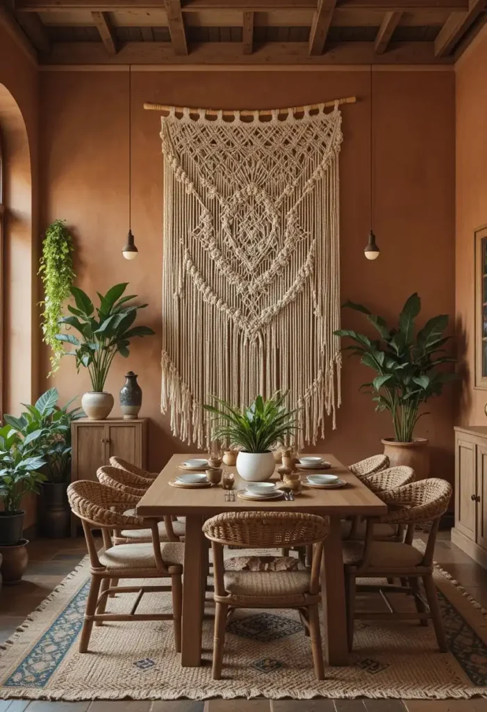 Dining room with a large macramé wall hanging creating a boho focal point.
