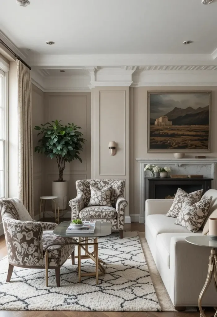Living room with bold patterned accent chair as focal feature
