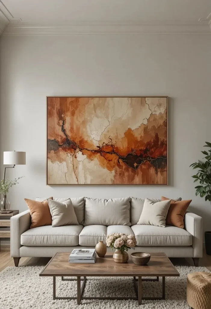 Living room wall with oversized statement art creating bold focal point