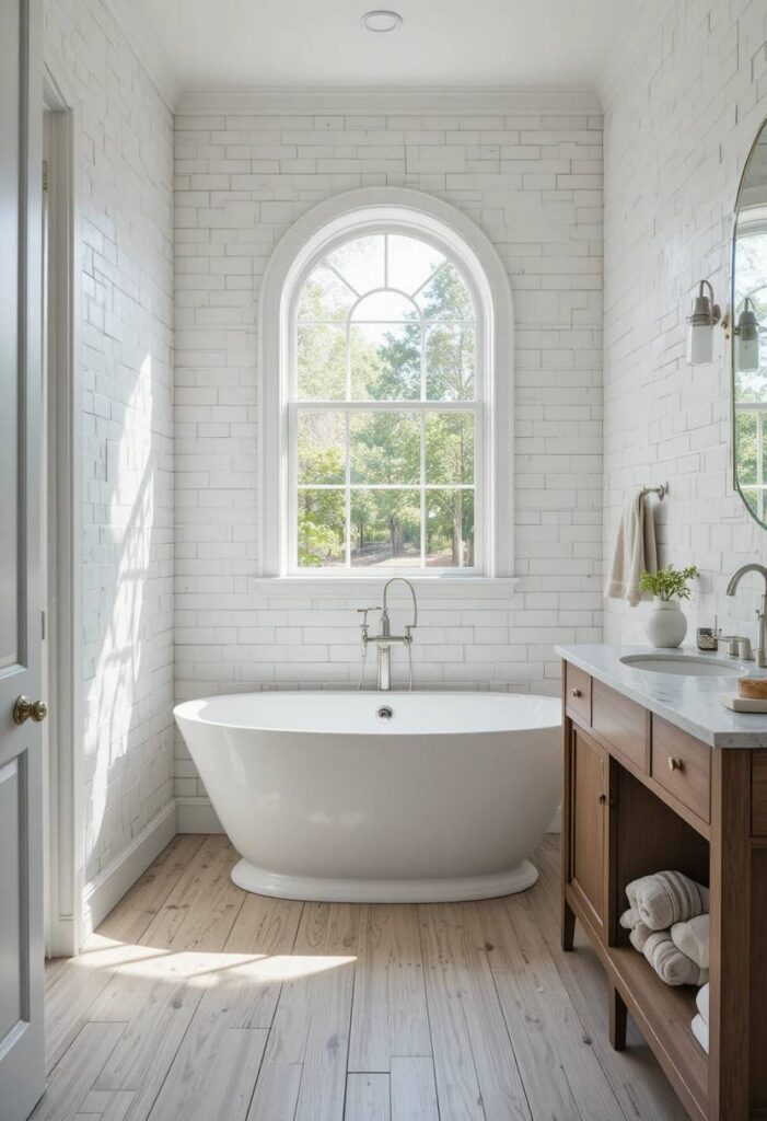 Small bathroom with a compact freestanding soaking tub placed in a bright corner nook.