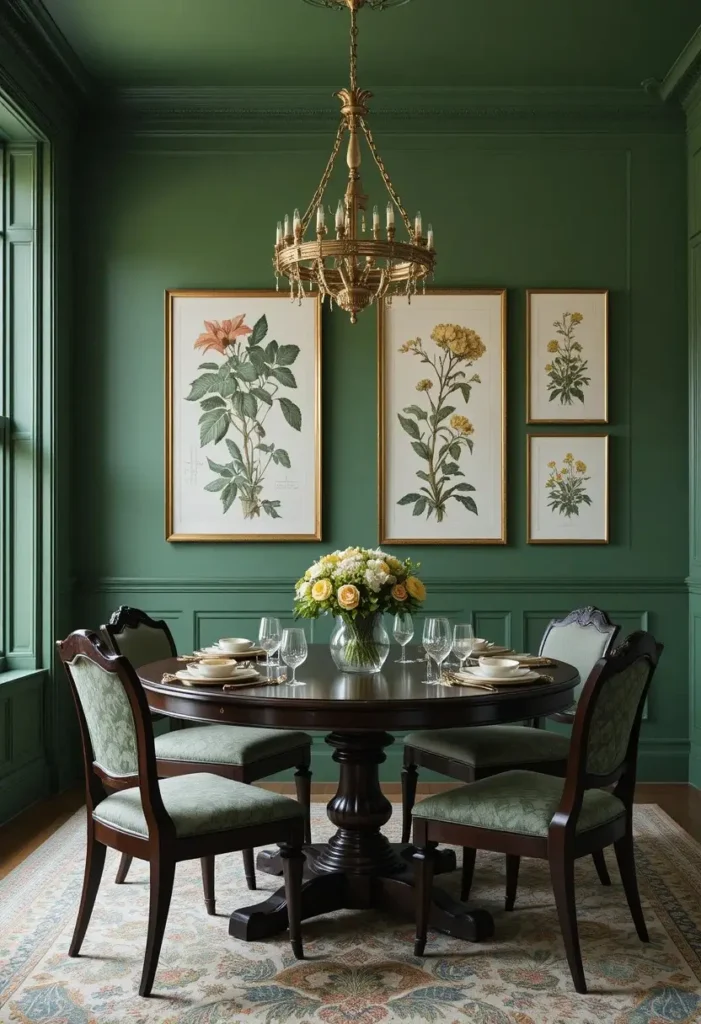 Full green dining room styled with artwork and final decorative touches