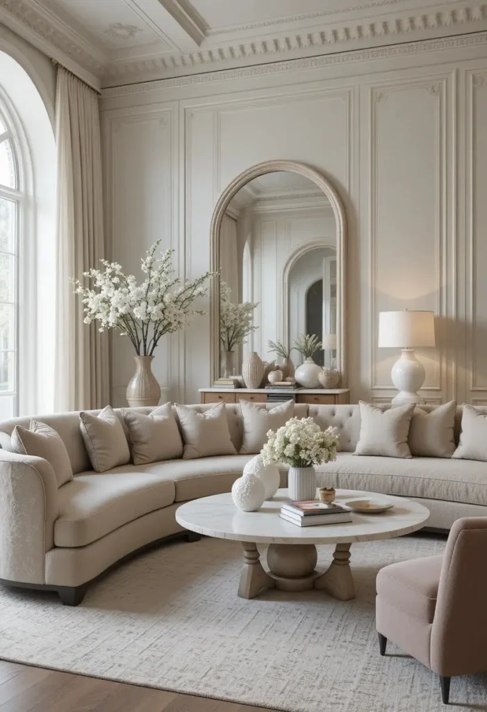 Modern living room with curved furniture for a soft sculptural look