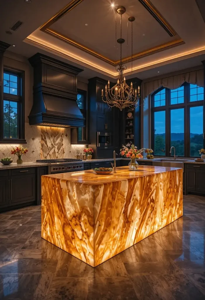 Luxury kitchen with a glowing backlit onyx waterfall island creating a dramatic focal point.