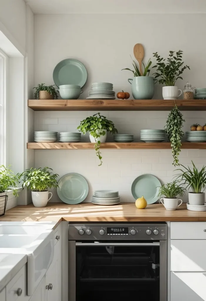 Full kitchen styled with green accessories on open shelves