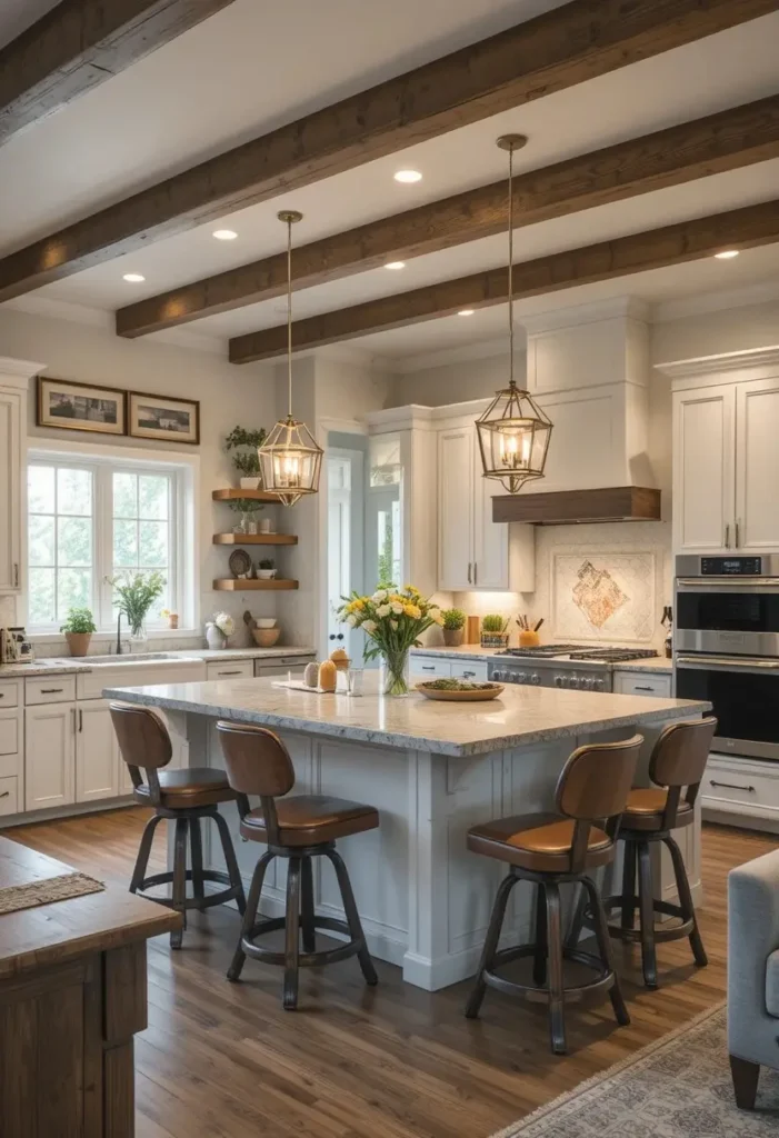 Modern family kitchen with practical swivel bar stools.