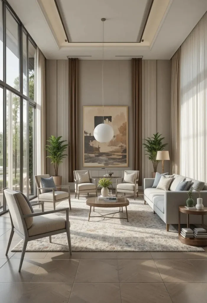 Living dining combo with slim-legged furniture for an open airy feel