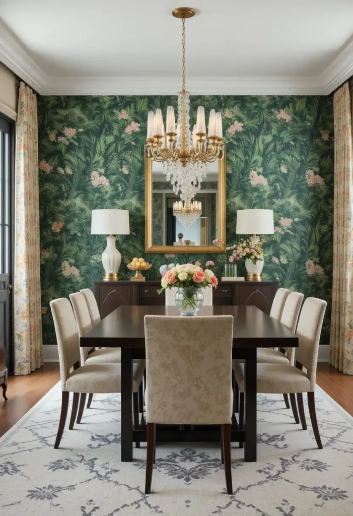 Full dining room with botanical wallpaper bringing walls to life