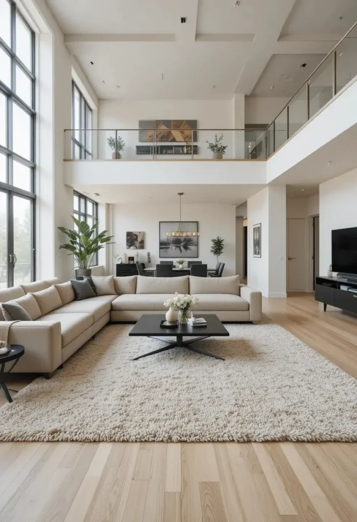 Large neutral rug defining a modern open-plan living room seating area.