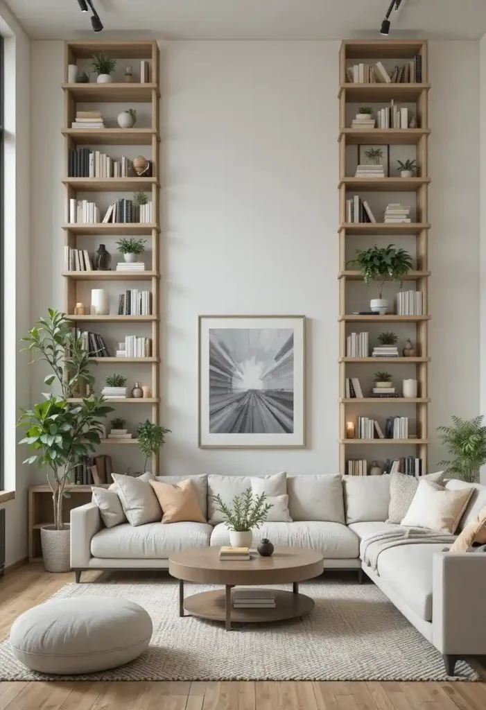 Full apartment living room with tall vertical wall shelving