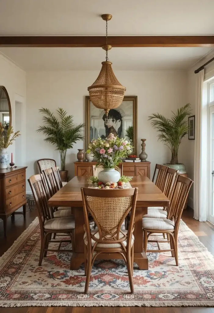 Boho dining room with a mix of unique dining chairs around a wooden table.