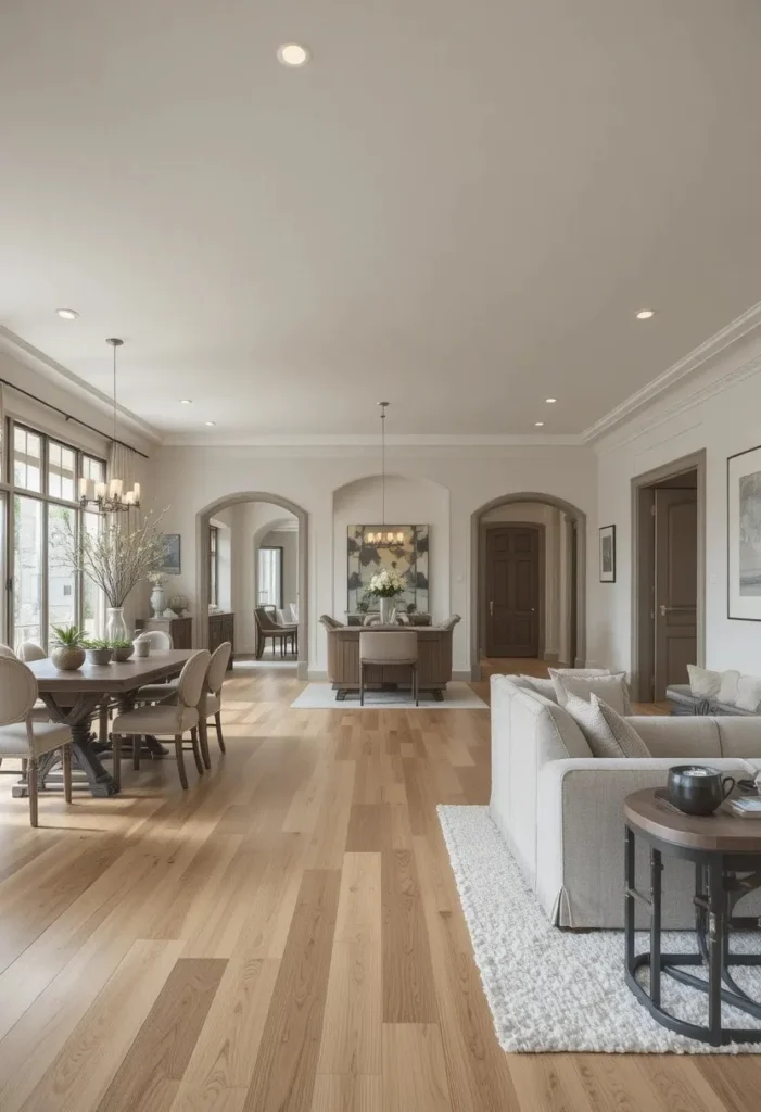 Open-plan combo room with continuous flooring for seamless flow