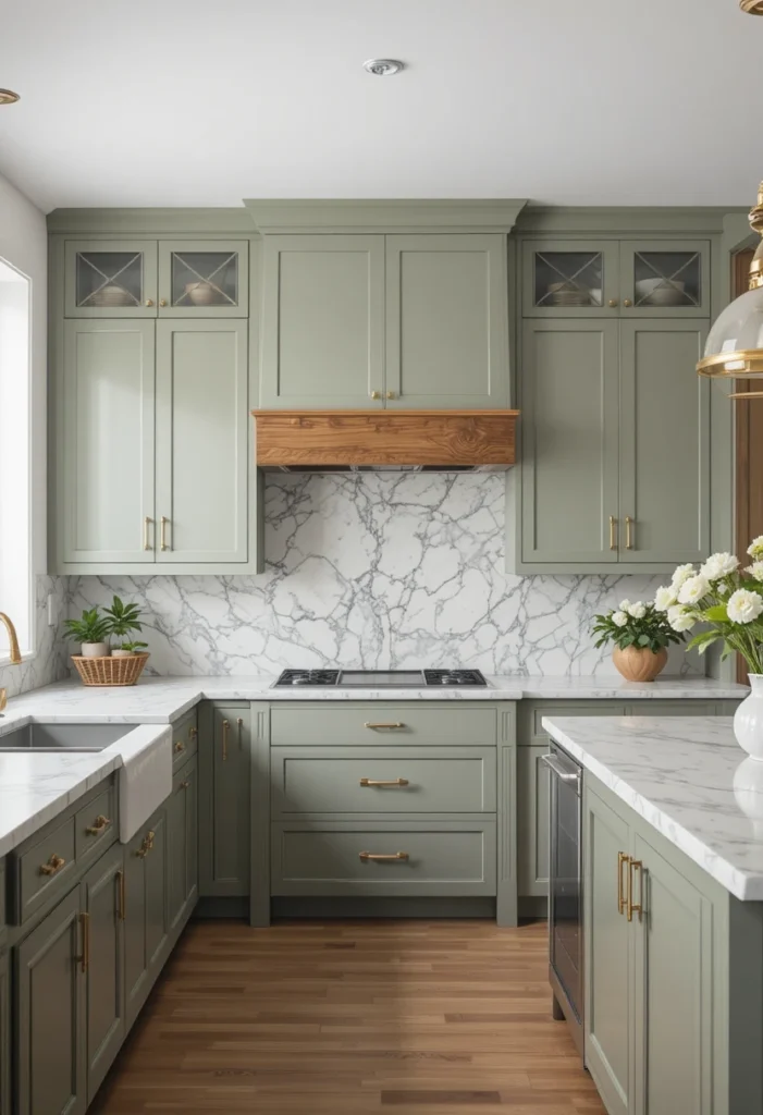 Full kitchen with mixed green cabinet shades