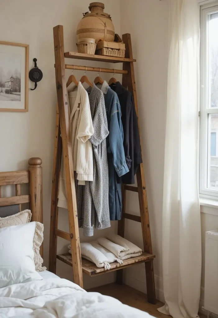 Bedroom ladder shelf used to organize tomorrow’s outfit in a stylish way.