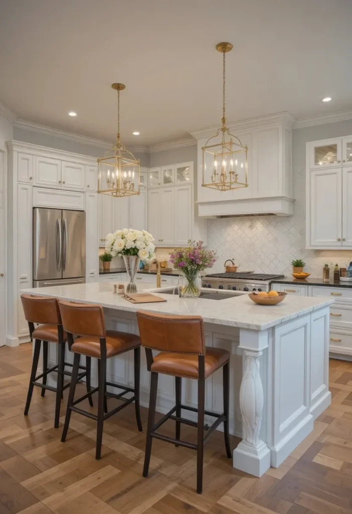 Elegant kitchen with timeless leather bar stools.