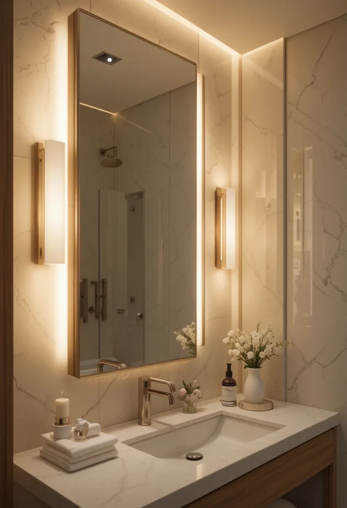Soft warm bathroom lighting creating a relaxing luxury atmosphere