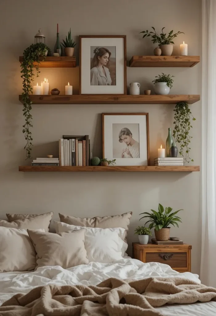 Floating shelves styled with decor in cozy bedroom wall design.