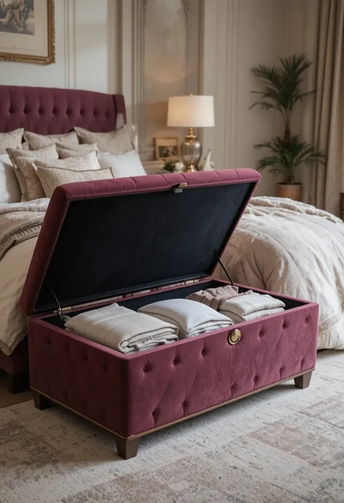 Bedroom storage ottoman providing hidden space for clothing and blankets.