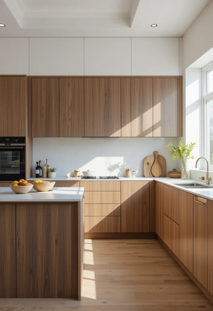 Warm wood-tone kitchen cabinets in Scandinavian-inspired kitchen