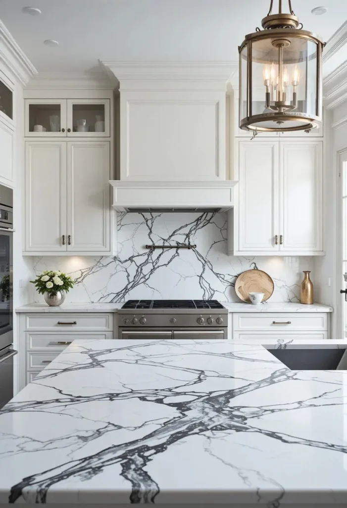 Luxury kitchen with white marble countertops featuring dramatic black veining.
