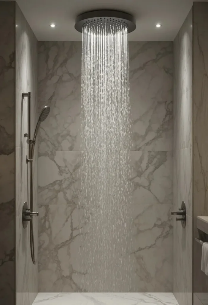 Luxury rainfall shower head creating a spa bathroom experience