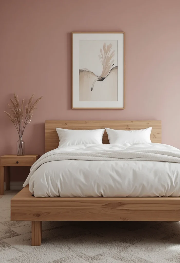 Minimalist millennial pink bedroom with natural wood furniture.