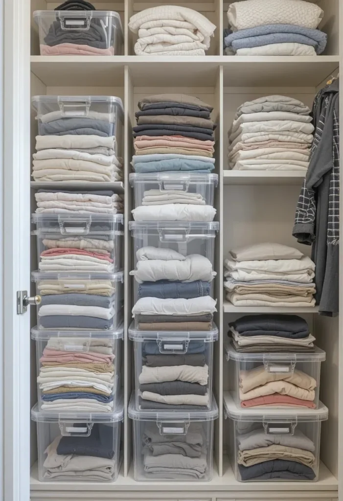 Wardrobe shelves organized with clear stackable bins for clothing storage.