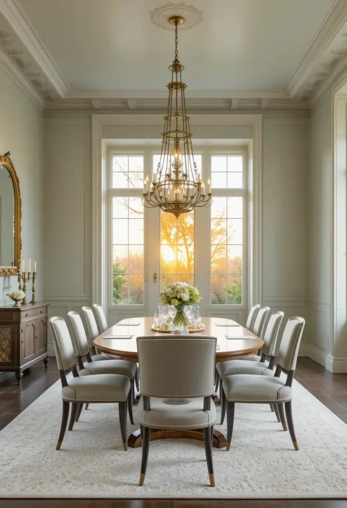 Full muted green dining room with brass accents for timeless sophistication