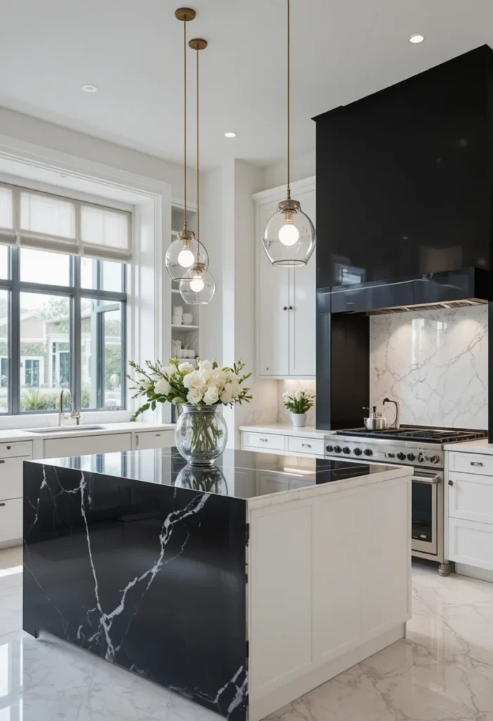Two-tone kitchen featuring a bold black island countertop with lighter surrounding counters.