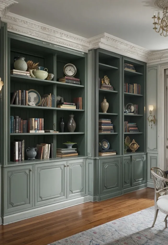 Built-in shelves with dark green back panels adding depth and style.
