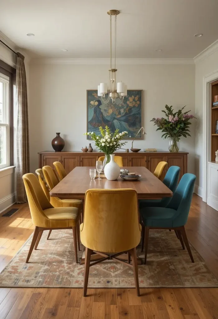 Dining room with colorful upholstered mid century chairs around a walnut table.
