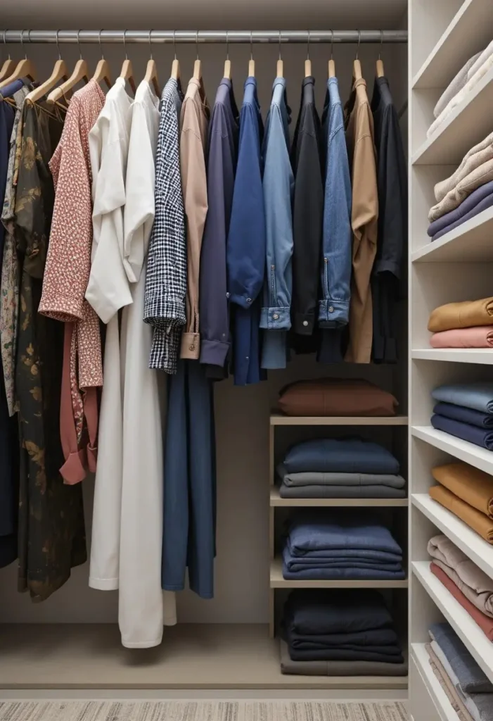Color-coded wardrobe with neatly organized clothing arranged by shade.