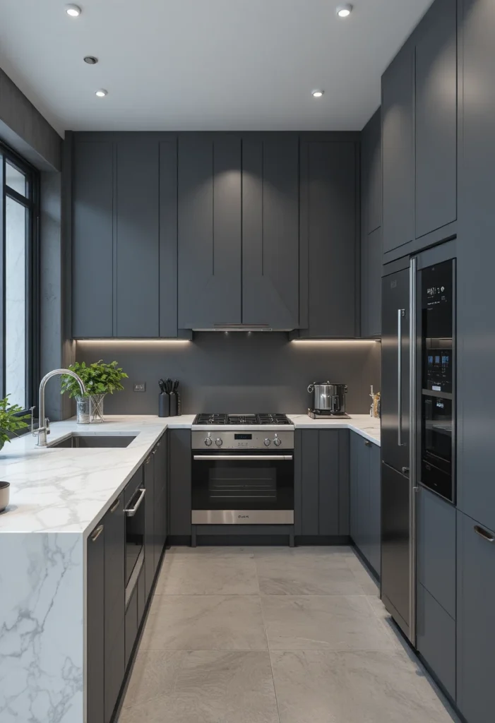 Slate gray kitchen cabinets in a sleek urban modern kitchen