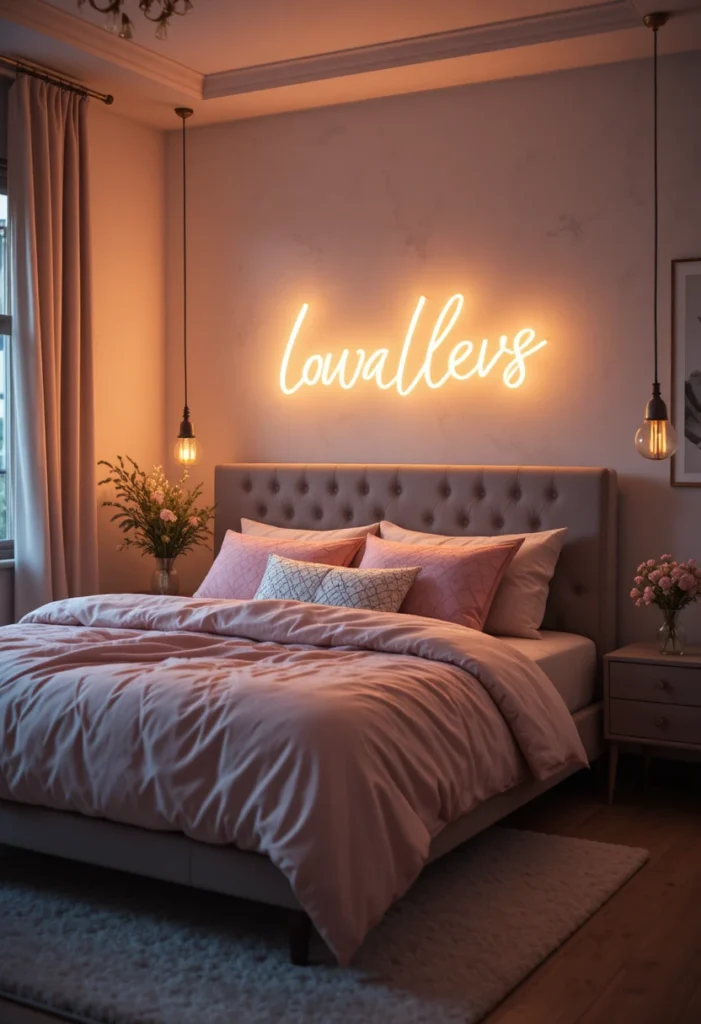 Warm white neon wall sign in modern bedroom decor.