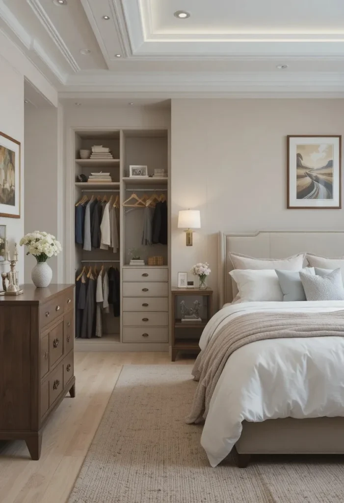 Full guest room with organized storage and closet space