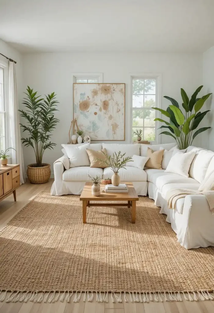 Neutral coastal living room with natural jute rug and earthy textures