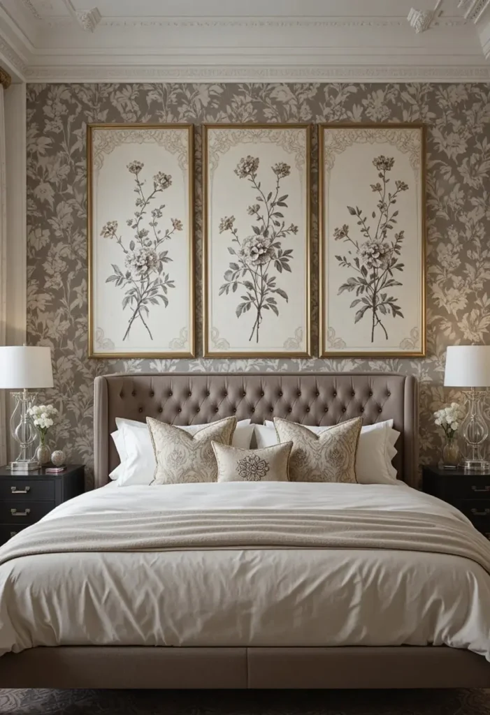 Framed wallpaper panels used as elegant bedroom wall art.