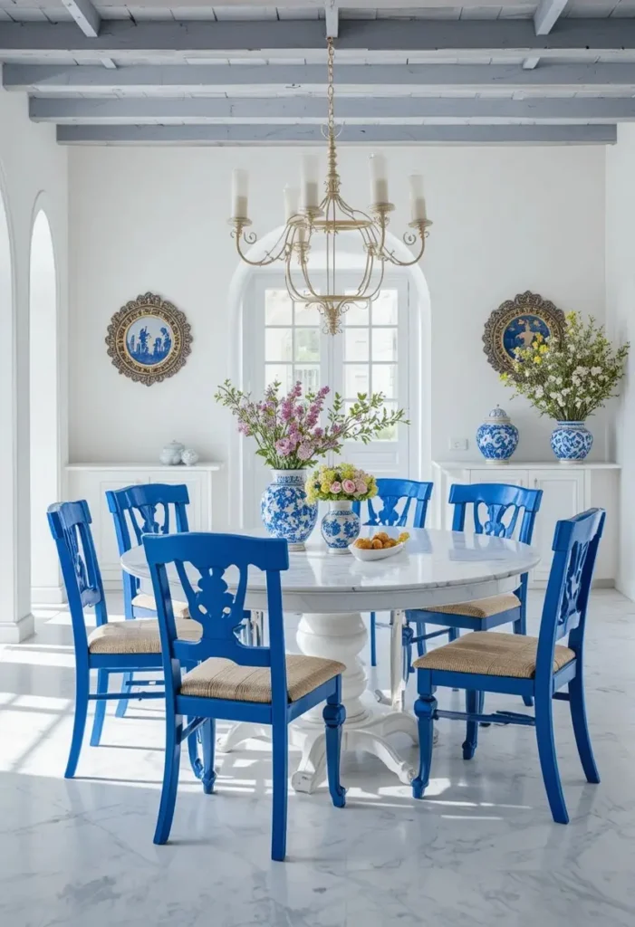 Cobalt blue dining chairs with white marble table in bright dining room