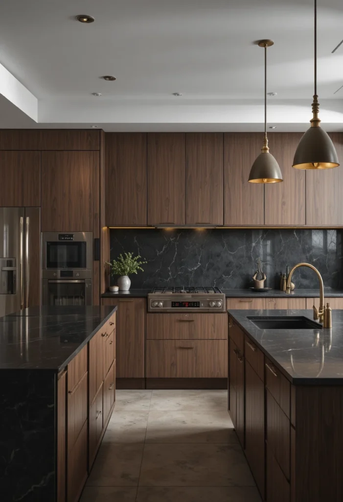 Matte black granite kitchen countertops with walnut cabinets and brass accents in a luxurious modern kitchen.