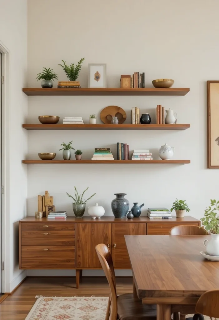 Dining room with floating shelves displaying books, ceramics and decorative accents.