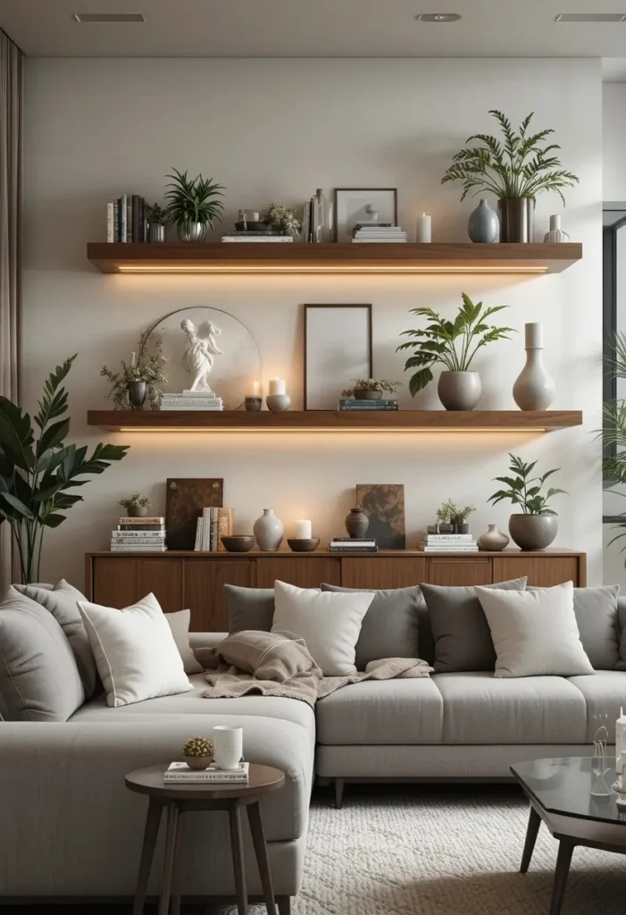 Living room with floating shelves styled as functional wall art