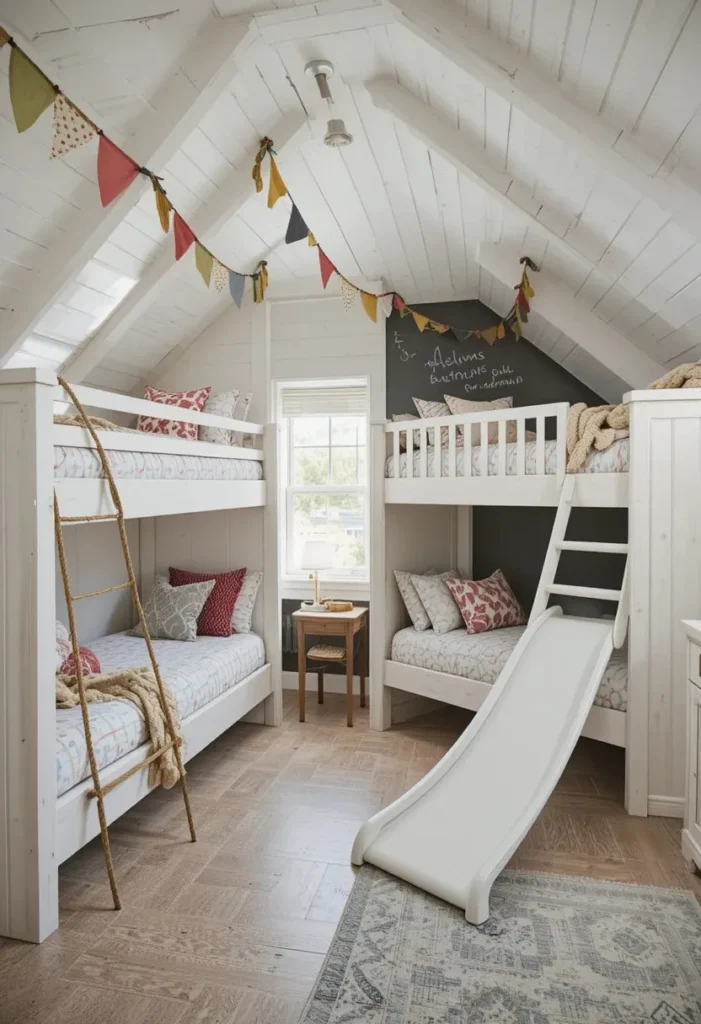 Kids attic bedroom with built-in bunks, slide, and colorful playful decor