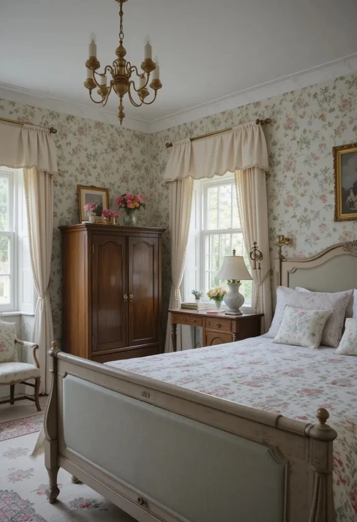 Cottage-style bedroom with delicate floral wallpaper and vintage decor.