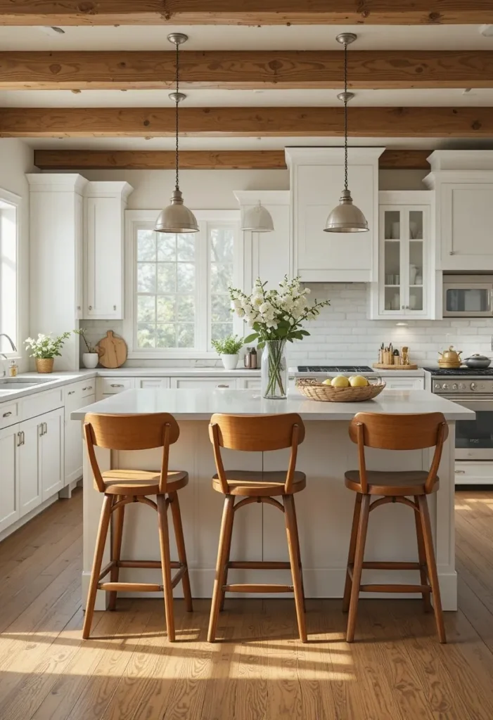 Warm wooden bar stools placed around a bright modern kitchen island.