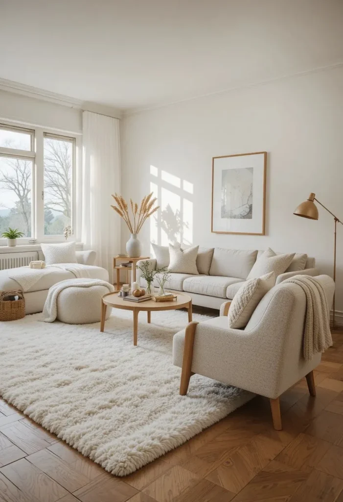 Soft ivory wool rug in a cozy Scandinavian-style living room.
