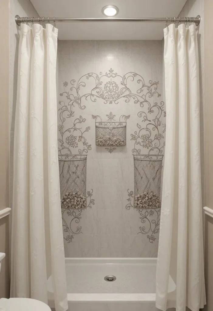 Bathroom with double shower rod for extra hidden storage