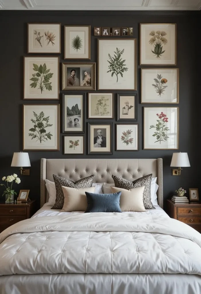 Dramatic gallery wall above bed with mixed framed art and mirrors.