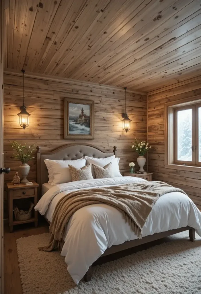 Rustic bedroom with faux wood wallpaper and cozy cabin-inspired styling.