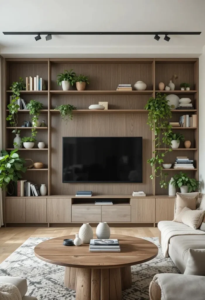 TV wall styled with floating shelves, books, and trailing green plants